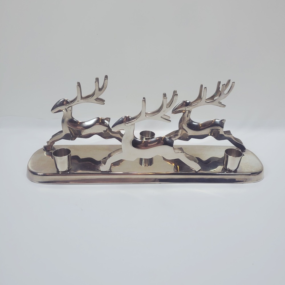 CRATE & BARREL Triple Taper Reindeer Polished Silver Candle Holder 13"